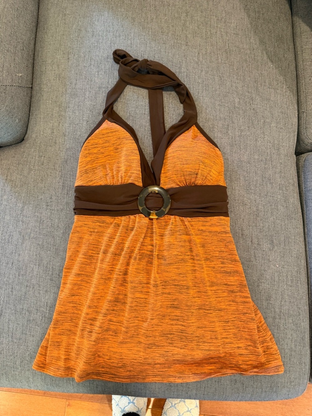 Iz Byer Y2K Orange and Brown Halter Tank Top with Ring Detail